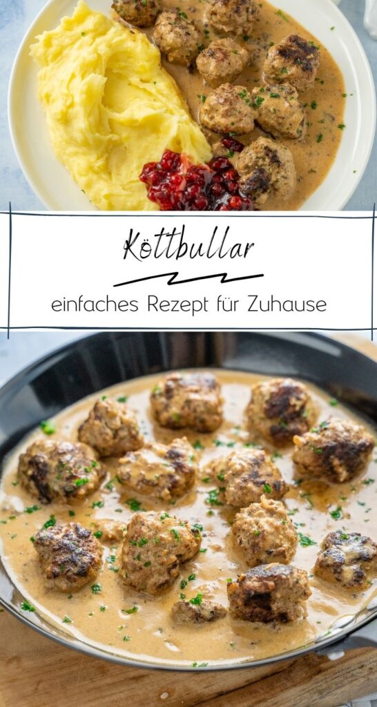 Schwedische Köttbullar wie bei IKEA. Zuhause selbst gekocht schmecken die noch viel besser. Mit cremiger Rahmsauce, Kartoffelpürre & Preiselbeeren. Lecker!