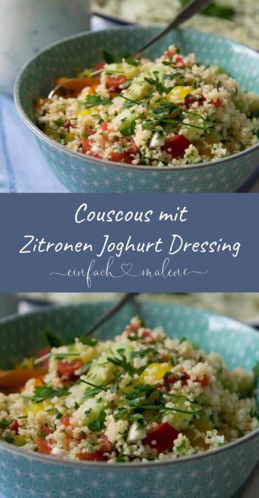 Super Grillbeilage: Vegetarischer Couscous mit Zitronen Joghurt Dressing. Dieser vegetarische Couscous Salat ist schnell zubereitet und schmeckt super erfrischend. Eignet sich hervorragend als Beilage zum Grillen. Super lecker!
