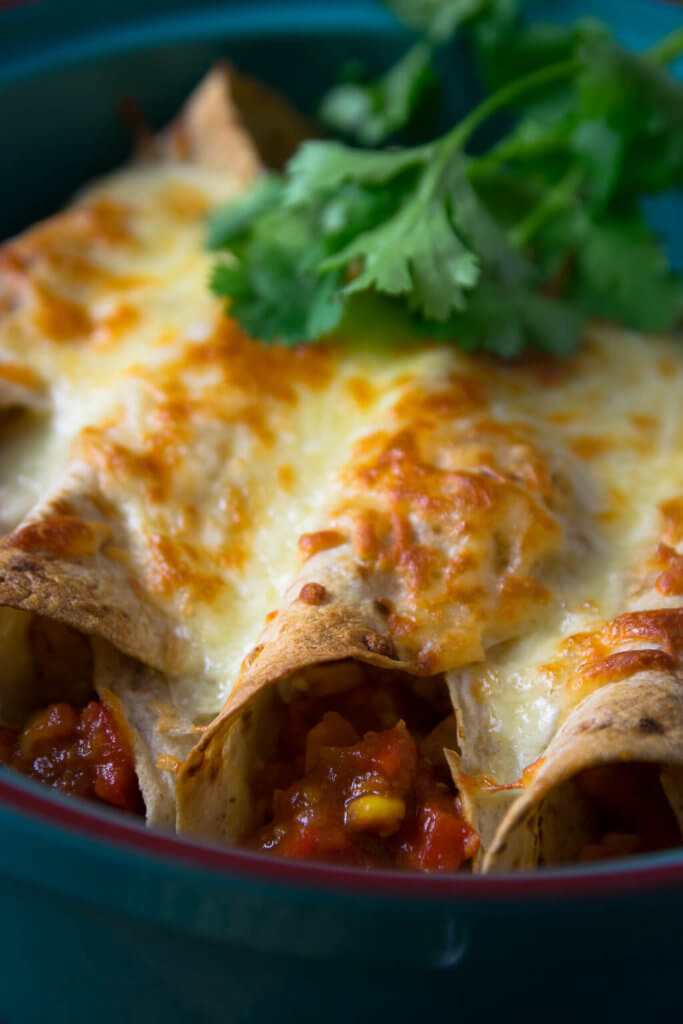Mit Käse knusprig überbacken, leckere Geflügel Burritos mit Koriander und Guacamole