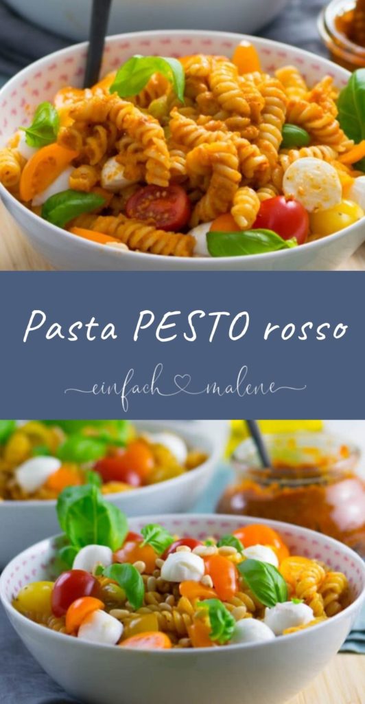 Sommerliches Pastarezept mit Tomatenpesto. Dieses Pasta Pesto Rosso Rezept ist super köstlich und in nur wenigen Minuten zubereitet.