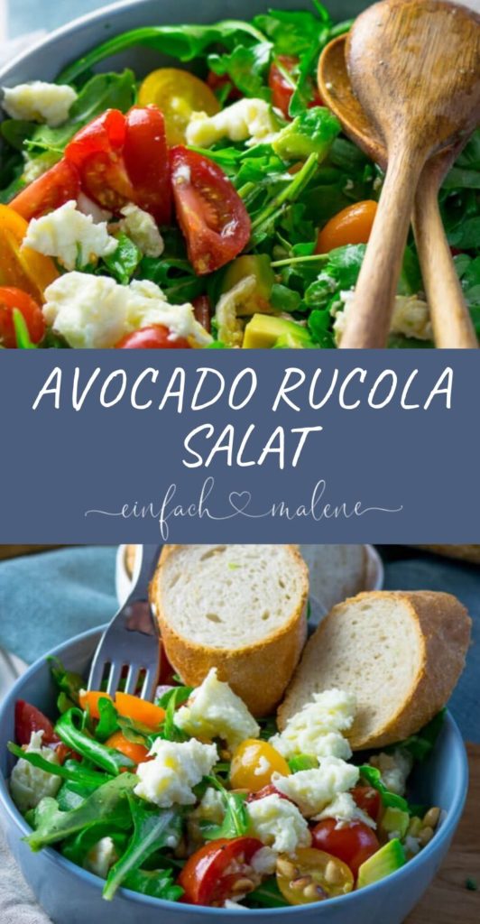Dieser Salat ist schnell gemacht & super köstlich: Rucola Salat mit Tomate, Avocado, Mozzarella & Honig Senf Vinaigrette. Dazu einfach etwas Brot reichen.