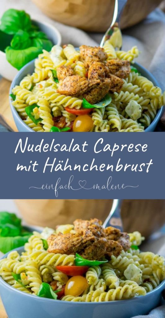 Nudelsalat Caprese mit Hähnchenbrustwürfeln aus dem Airfryer. Ruck zuck zubereitet und absolut köstlich. Der Nudelsalat Caprese ist mit warmen super zarten Hähnchenbrustwürfeln schnell gemacht und einfach mega lecker.