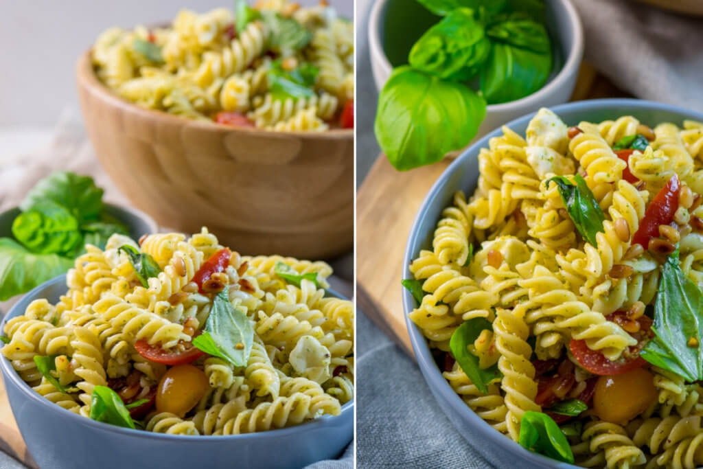 Nudelsalat Caprese mit Hähnchenbrustwürfeln #rezept #nudelsalat #airfryer