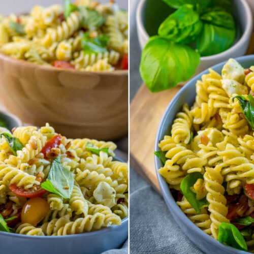 Nudelsalat Caprese mit Hähnchenbrustwürfeln #rezept #nudelsalat #airfryer