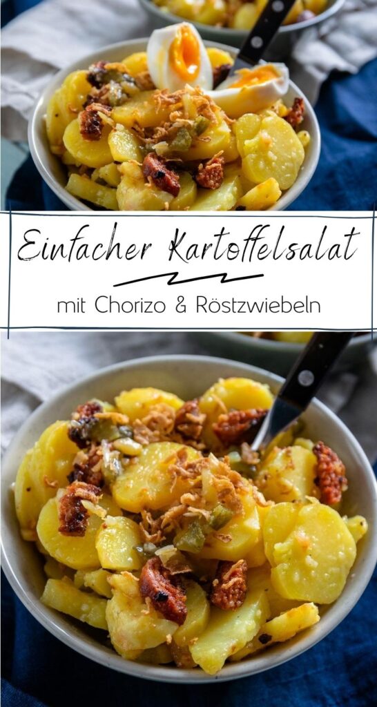 Es geht doch nichts über einen einfachen und köstlichen Kartoffelsalat. Er ist schnell zubereitet, passt in jede Jahreszeit und ist perfekt für Mealprep. Du kannst diesen Kartoffelsalat mit Chorizo und Röstzwiebeln warm oder kalt genießen. Er ist eine super Beilage oder eine volle Mahlzeit - wie du es am liebsten magst. Der Kartoffelsalat liegt leicht im Magen, denn er wird mit einem leichten Dressing aus Essig und Öl zubereitet. #salate #kartoffelsalate #party #grillbeilage