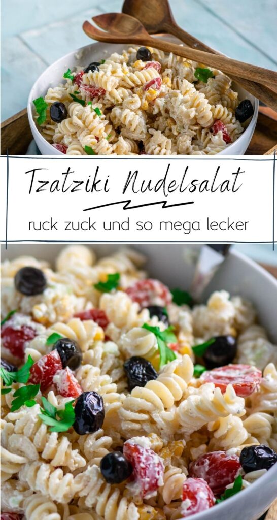 Tzatziki zubereiten: Gurke entkernen und grob reiben. Mit Salz bestreuen und das Wasser entziehen. Die Gurke mit einem Geschirrtuch auspressen. Den Knoblauch schälen, pressen und mit der Gurke gleichmäßig in den Joghurt einrühren. Abschließend noch etwas Olivenöl und Zitronensaft dazugeben. Mit Salz und Pfeffer abschmecken. #nudelsalat #einfacherezepte #partysalat #feierabendküche
