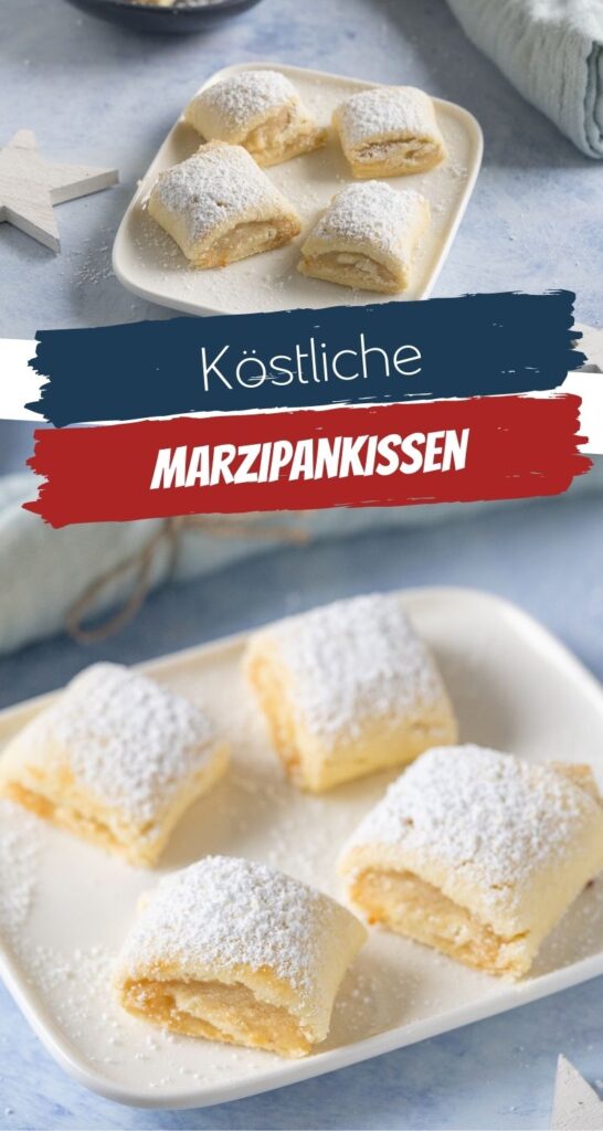 Diese soften Marzipankissen machen süchtig und sind genau das richtige Weihnachtsgebäck für alle Marzipanfans. Super leckere softe Mürbeteig Marzipankekse. #weichnachten #kekse #marzipan #marzipankekse