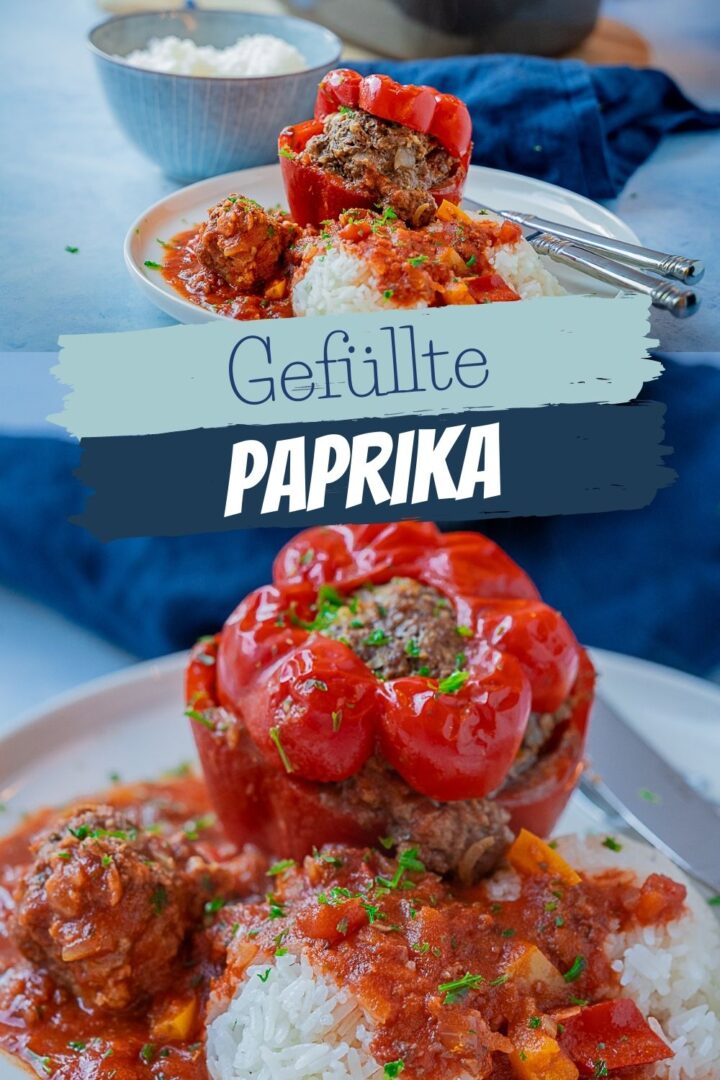 Gefüllte Paprika mit Hackfleisch und Tomatensoße aus dem Backofen ...