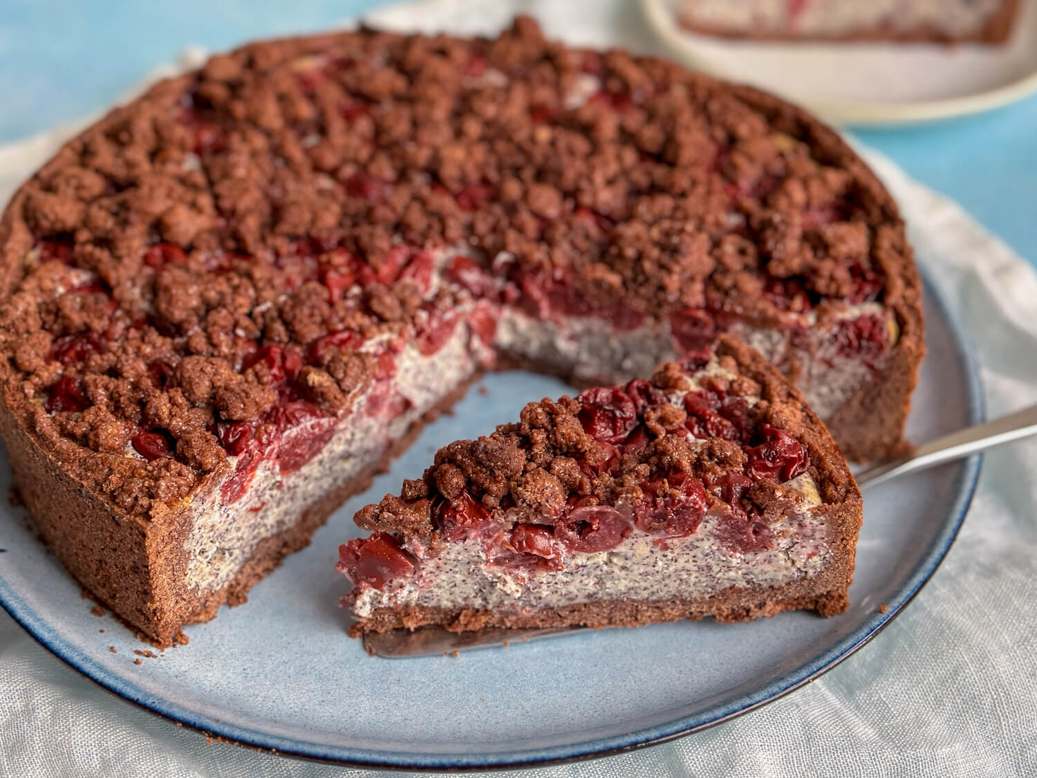 Saftiger Schoko Mohnkuchen mit Kirschen und Streuseln