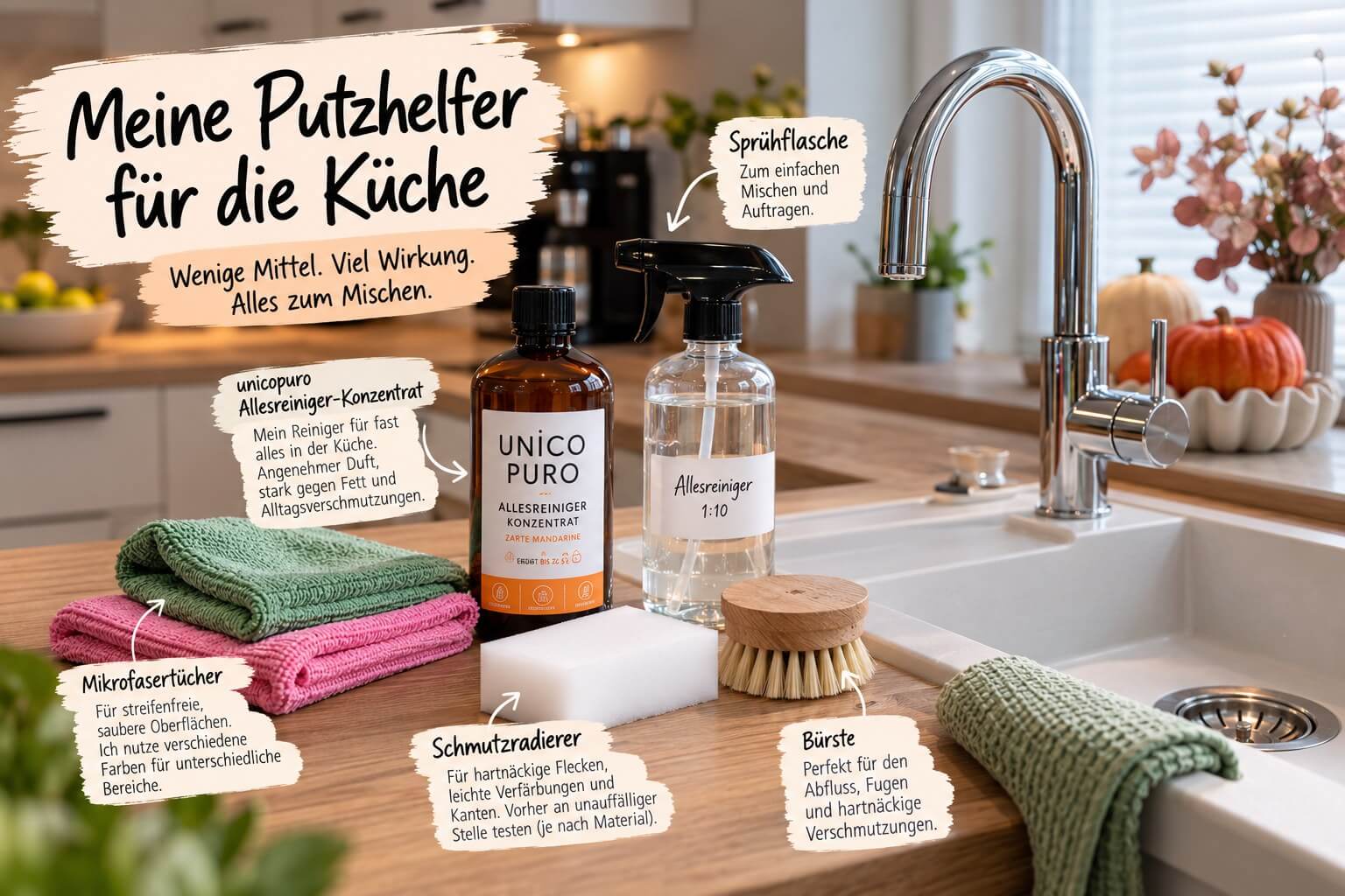 Putzhelfer für die Küche: Allesreiniger-Konzentrat, Sprühflasche, Mikrofasertücher, Schmutzradierer und Bürste